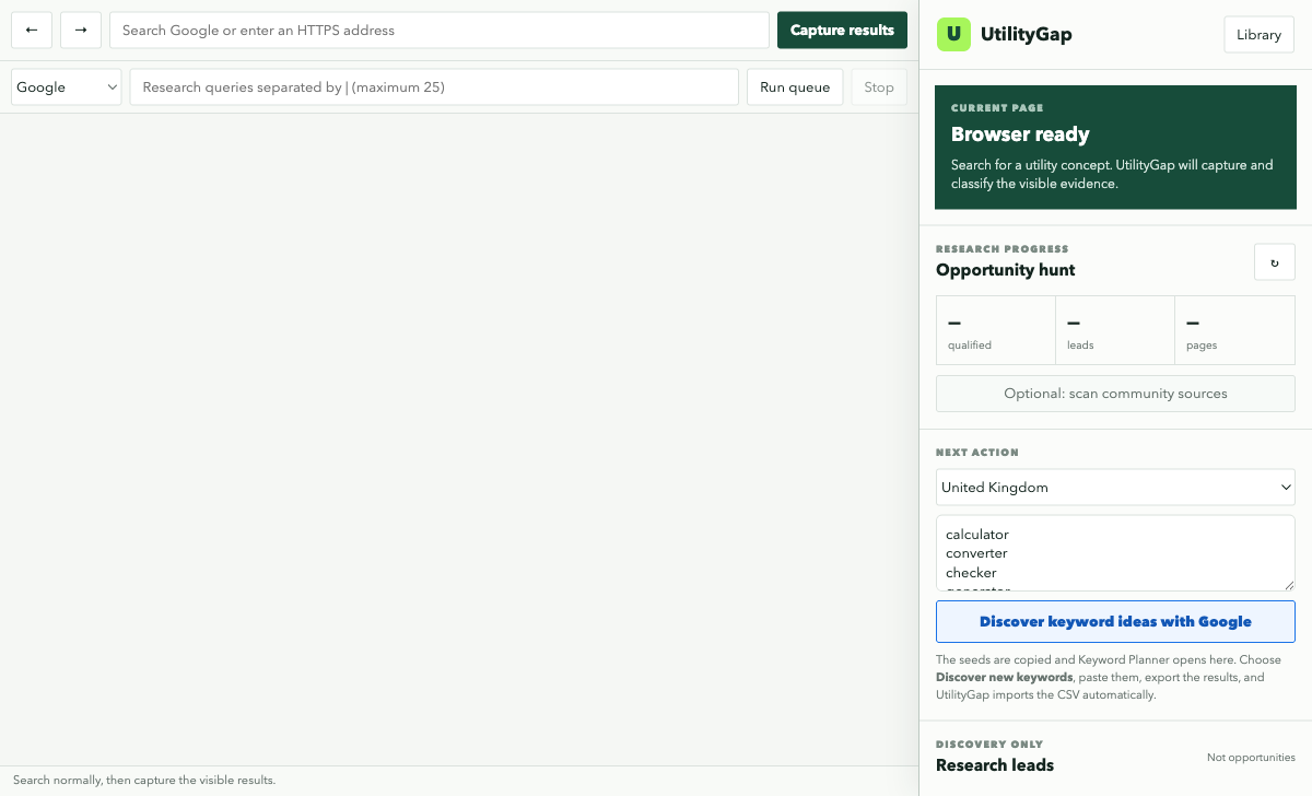 UtilityGap browser-first keyword research workspace
